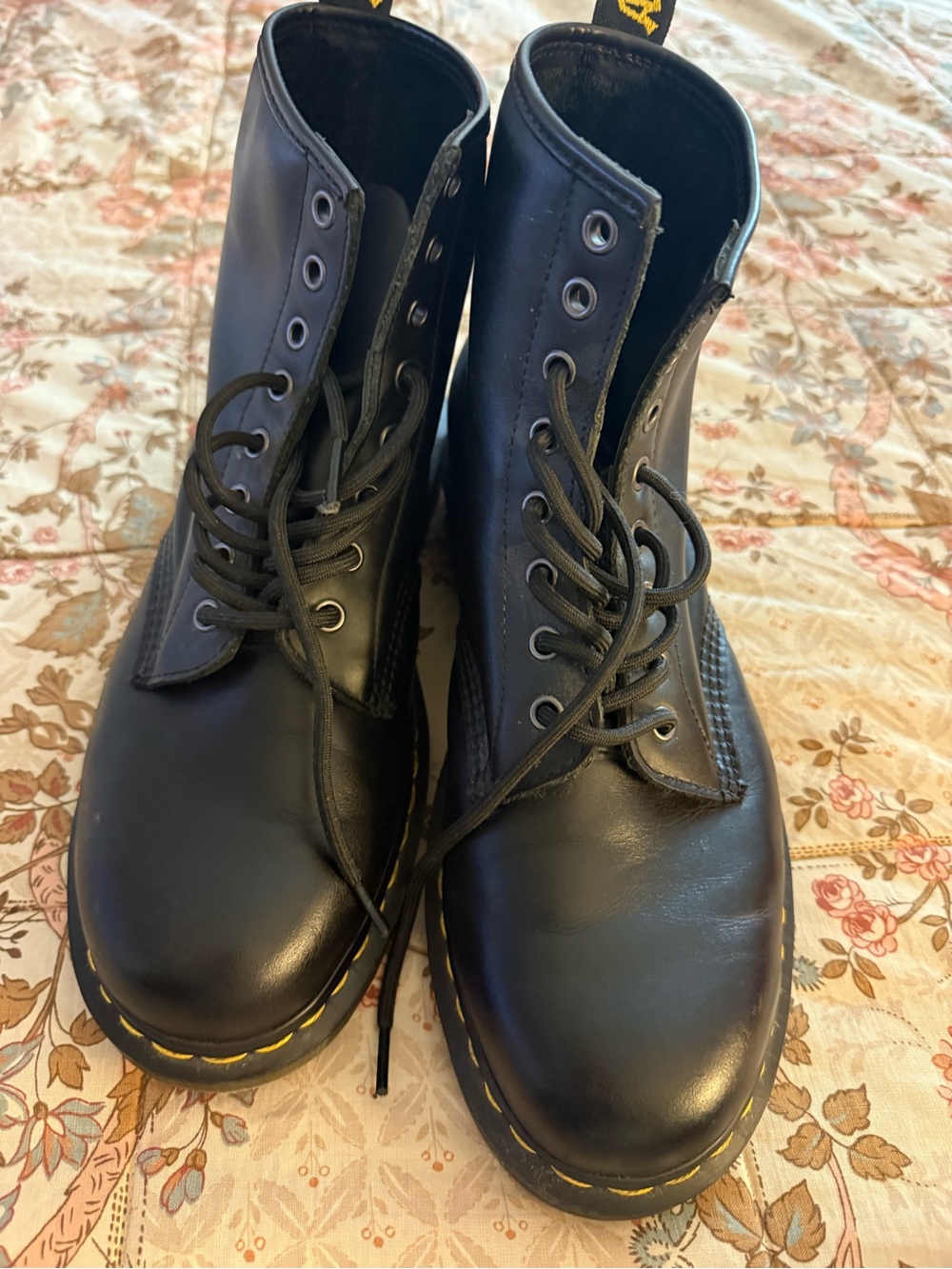 Dr. Martens Black Leather 8-Eye Lace-Up Boots with Yellow Heel Loop
